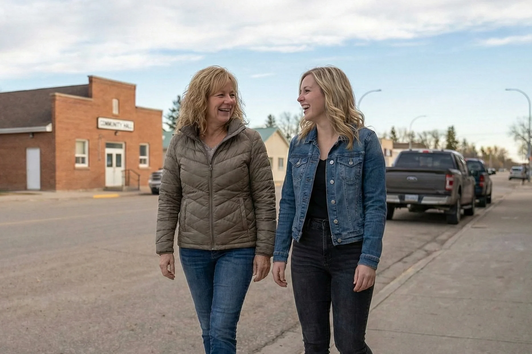 A mother and adult daughter smiling and walking together on a small-town street in Rivers, Manitoba, with local buildings and a parked truck visible in the background.