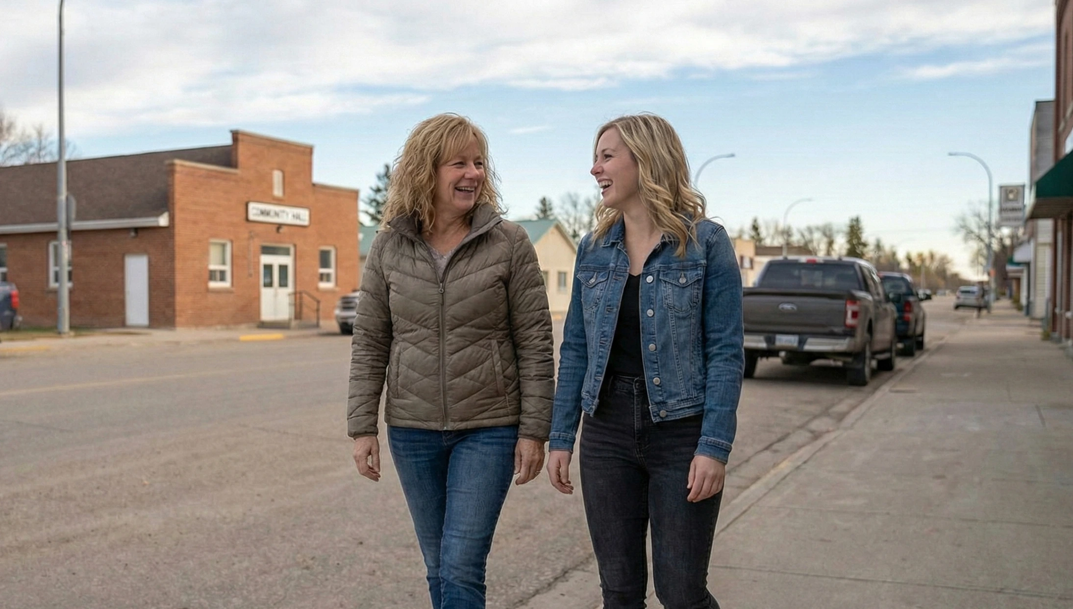 A mother and adult daughter smiling and walking together on a small-town street in Rivers, Manitoba, with local buildings and a parked truck visible in the background.
