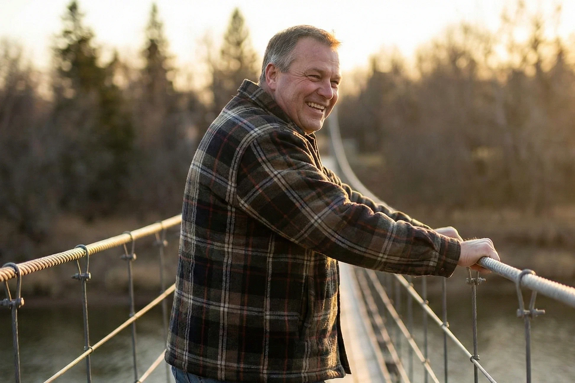 A smiling middle-aged man leaning on a railing of a suspension bridge in Souris, Manitoba, surrounded by trees in autumn.