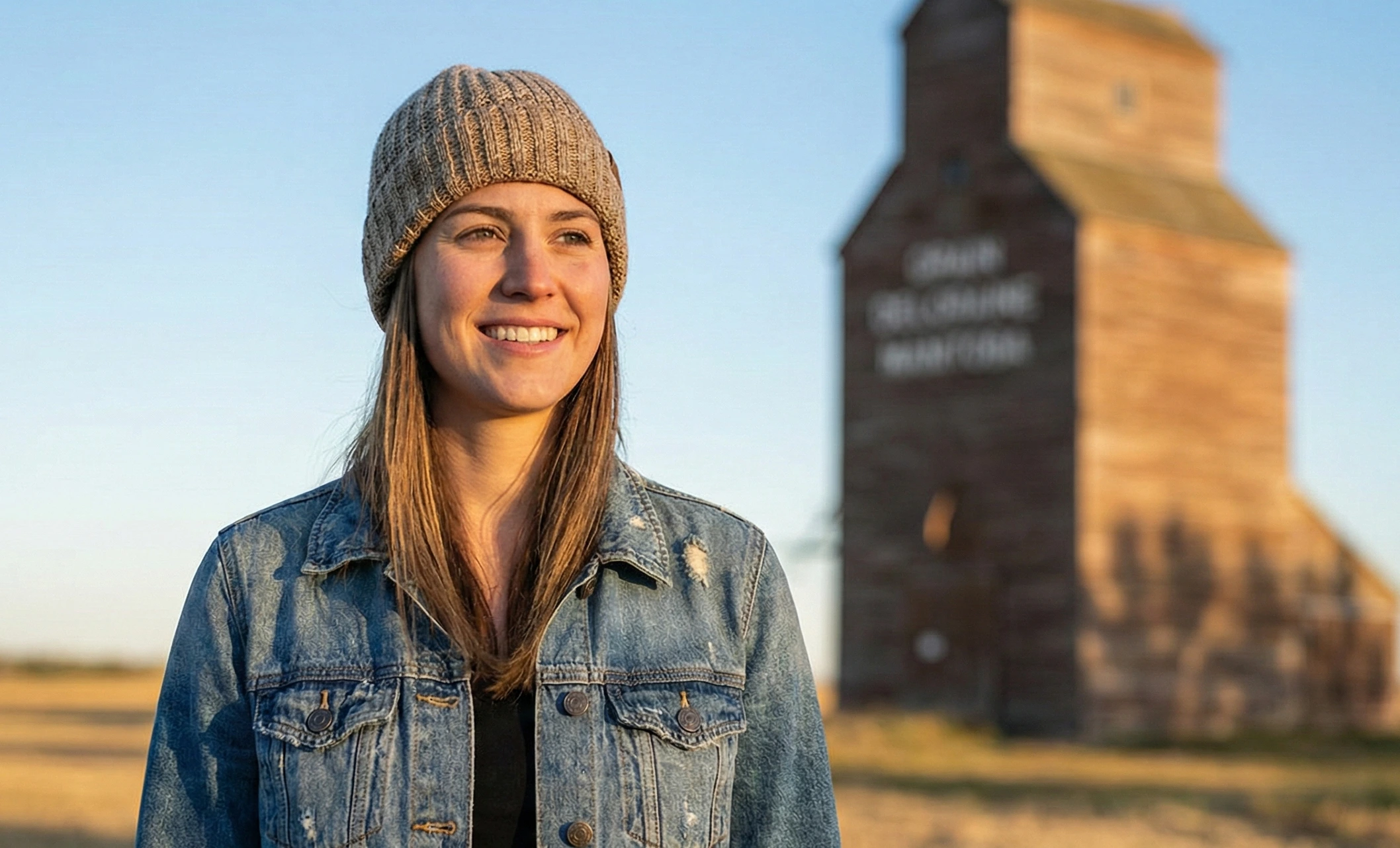 A smiling young woman wearing a knit toque and denim jacket, standing outdoors in Deloraine, Manitoba, with a historic grain elevator visible in the background