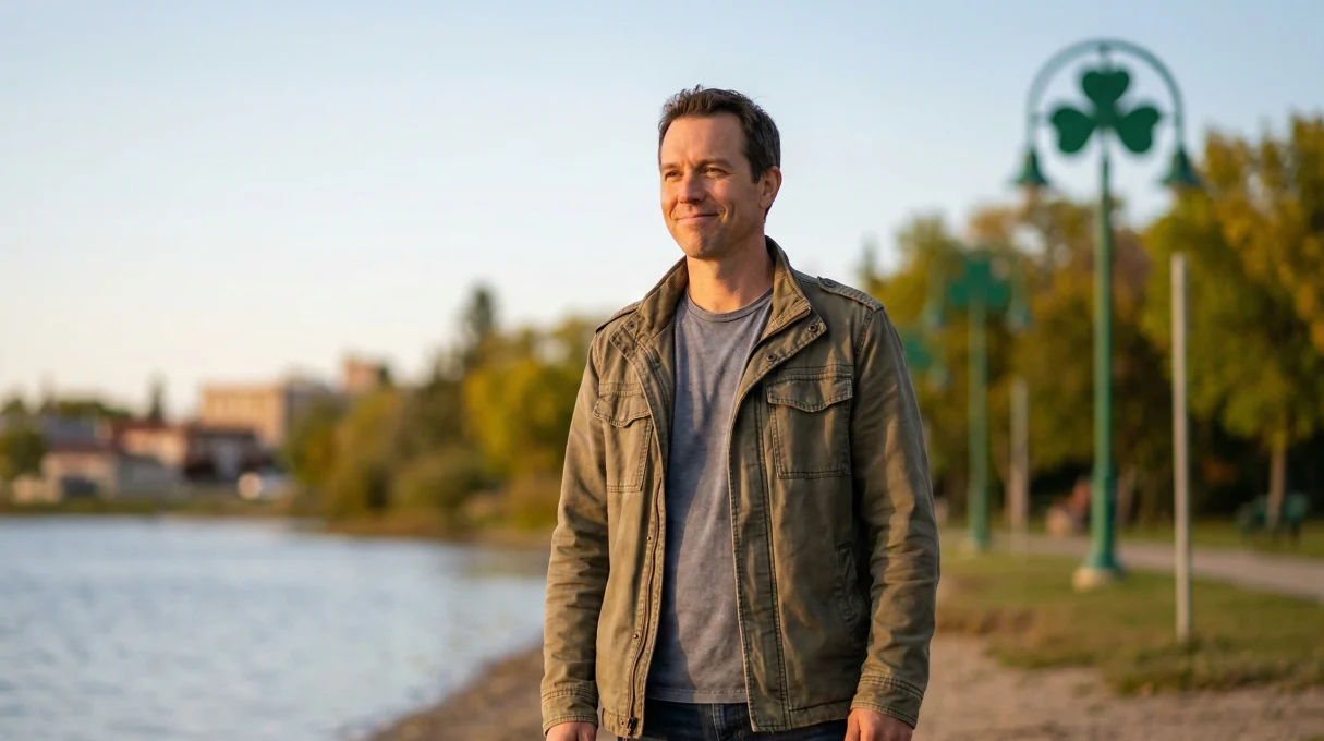 Man standing at the shores of Killarney Lake Park Manitoba