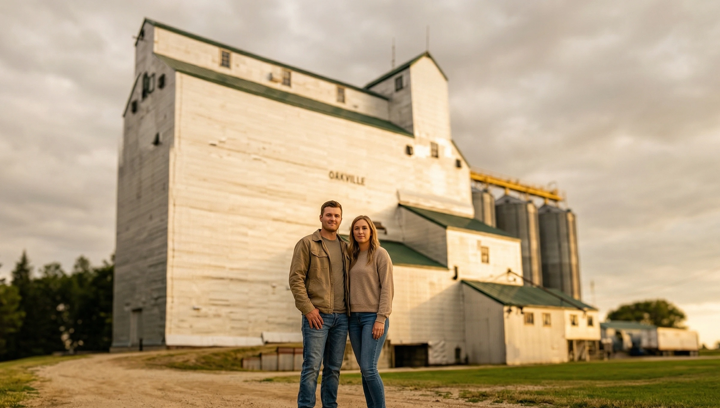 couple outside a gain elevator in oakville manitoba