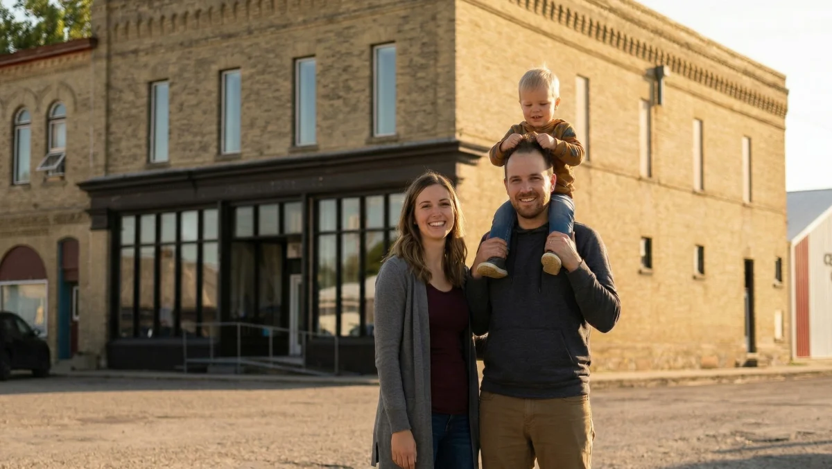 young couple outside the harney museum in hartney manitoba